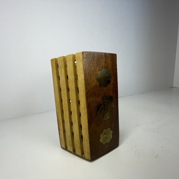 Vintage Wooden Hexagon‎ Small Figures Brass Bird Fish Birds Inlay Pencil Holder - Picture 2 of 5